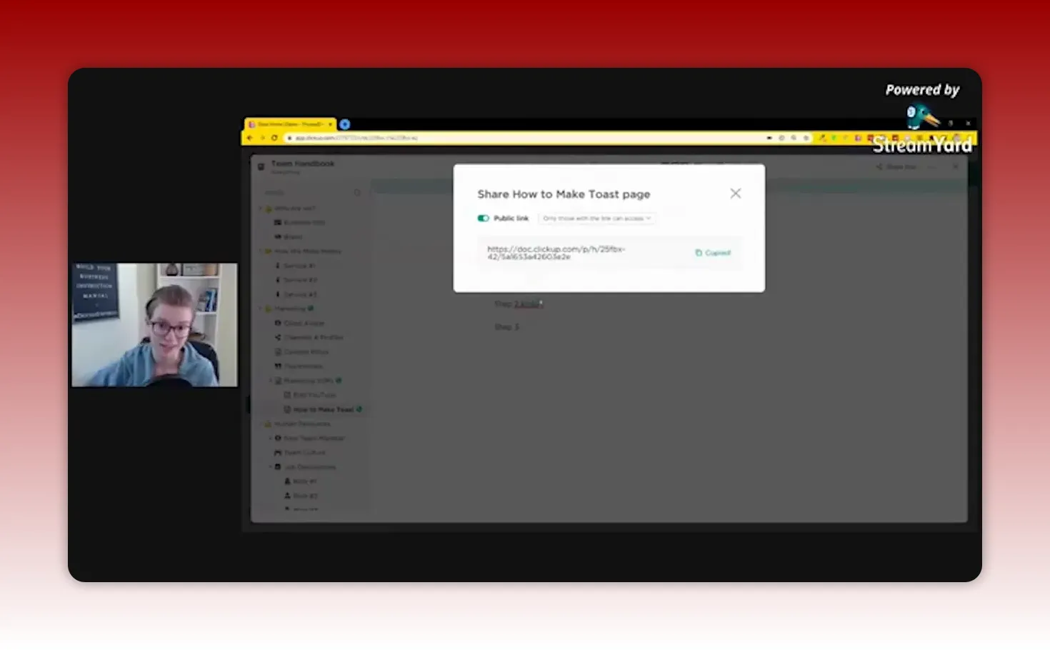 ClickUp share modal 'Share How to Make Toast page' with the Public link option and a copy link button visible.