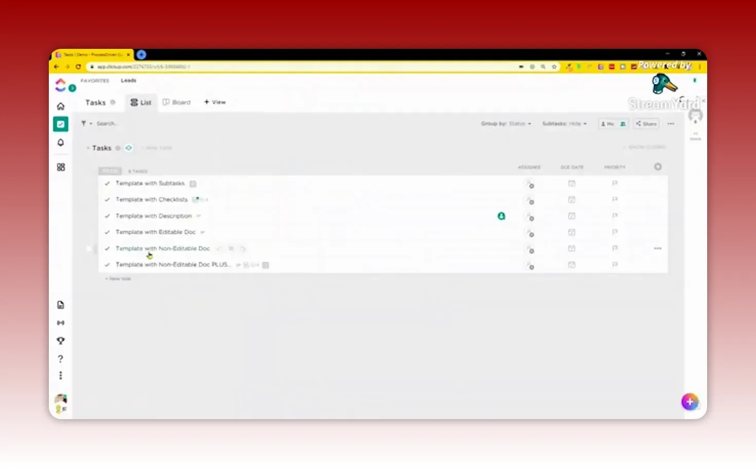 Clear ClickUp Tasks list showing template entries such as 'Template with Subtasks' and 'Template with Checklists'.