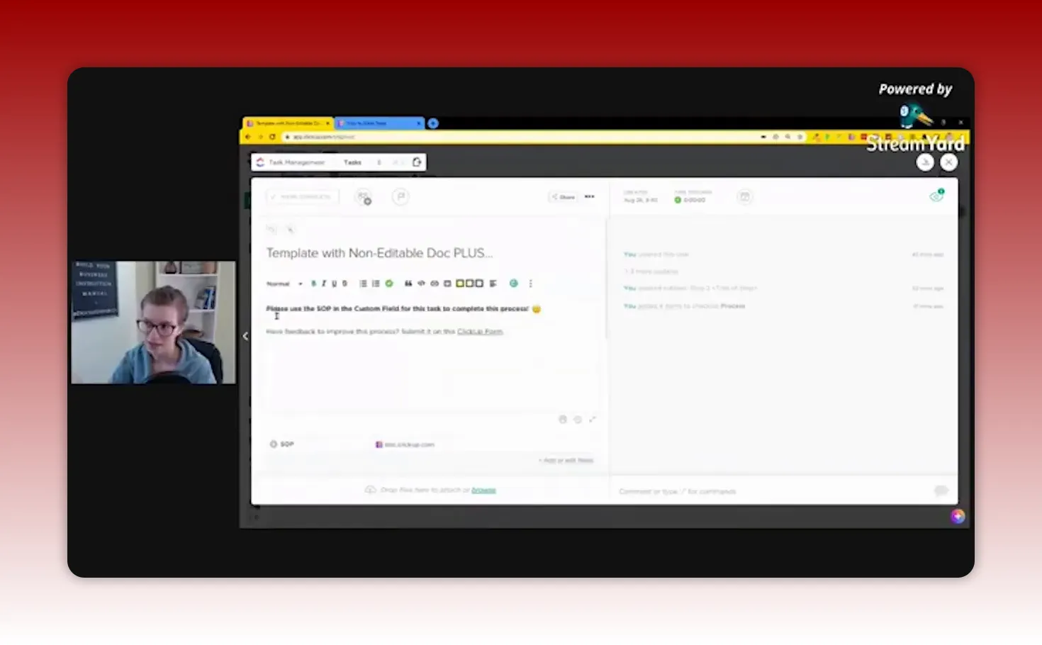 Clear ClickUp task description view with formatting toolbar, SOP link and subtasks visible