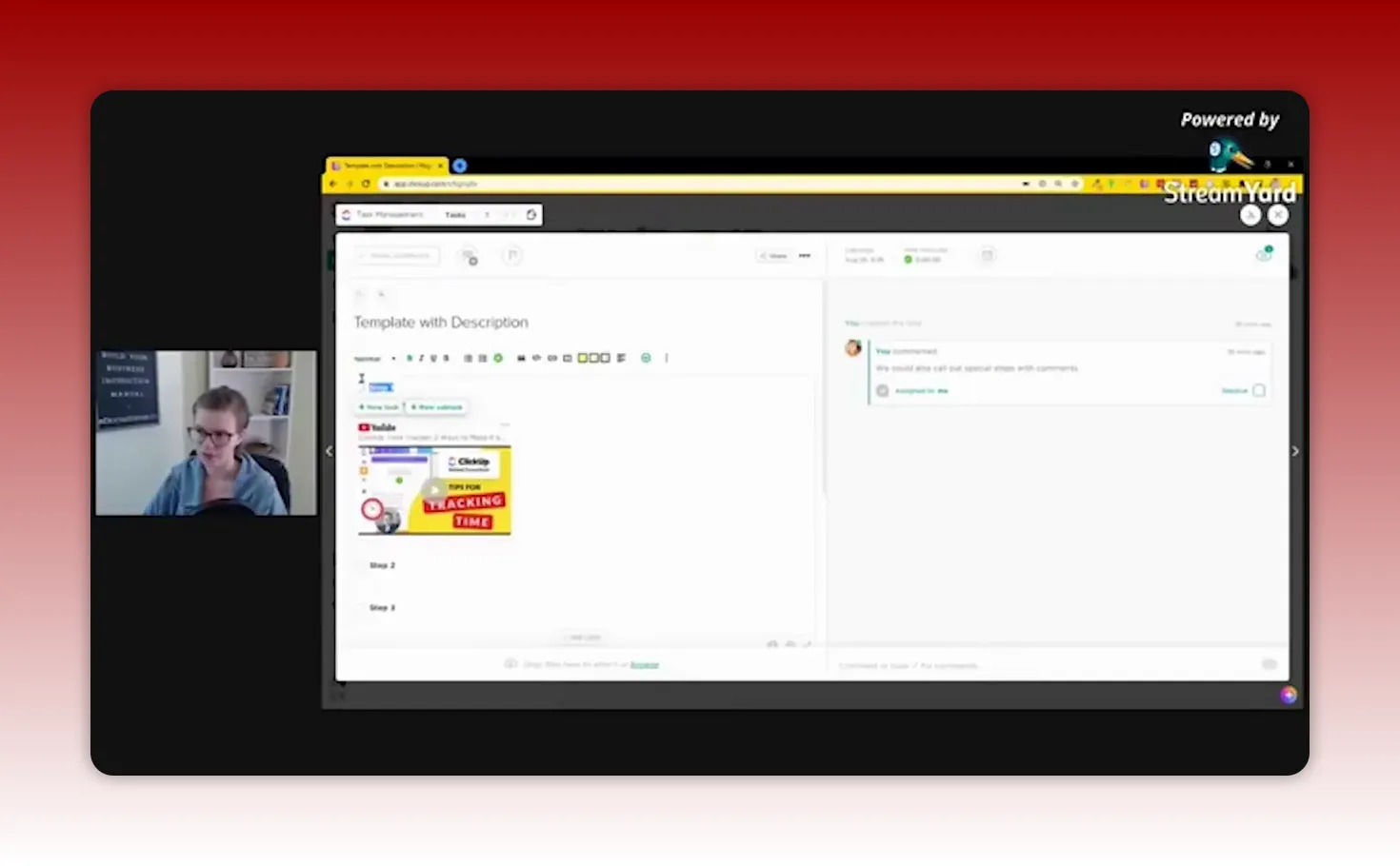 ClickUp task description screen with 'Template with Description' heading, formatting toolbar and embedded image shown clearly.