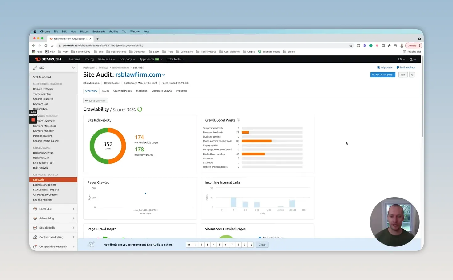 Bảng điều khiển Site Audit hiển thị biểu đồ và các nhóm vấn đề kỹ thuật
