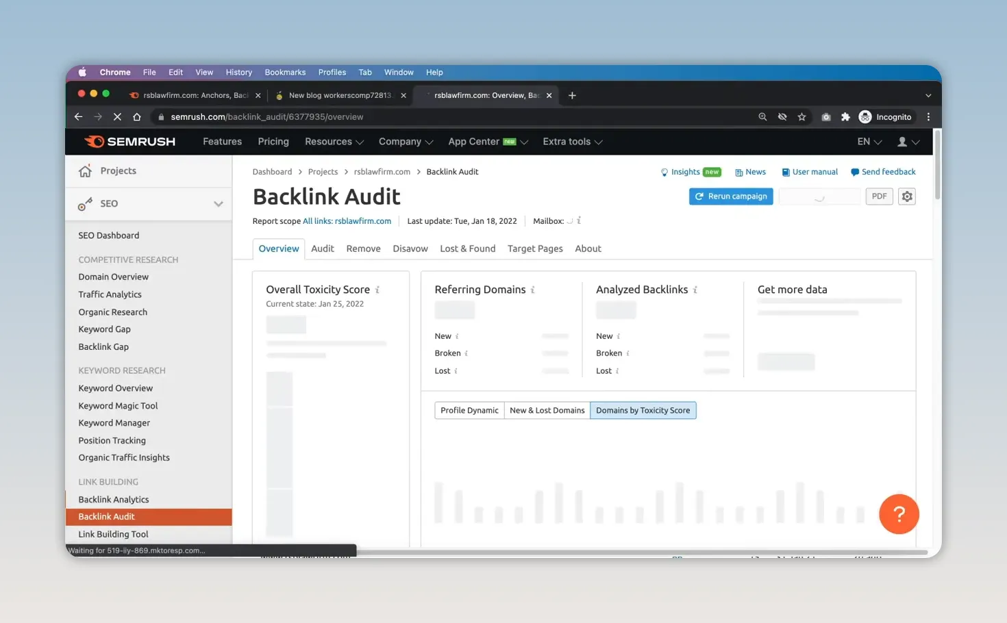 Báo cáo Backlink Audit với biểu đồ mức độ rủi ro và chất lượng liên kết