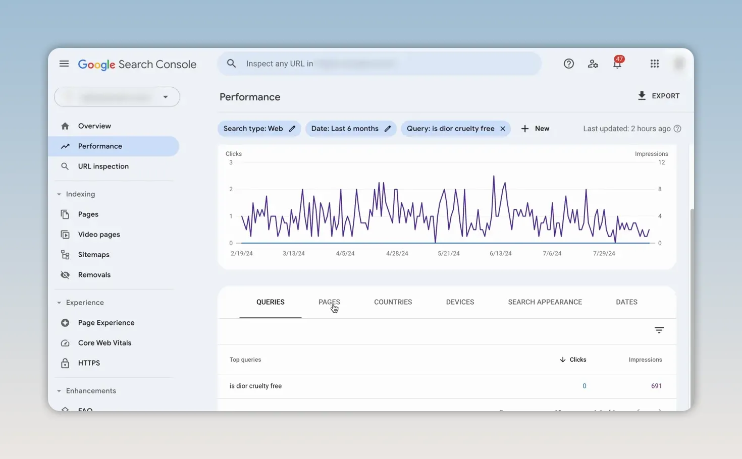 Google Search Console hiển thị biểu đồ hiệu suất và tab Trang cho một truy vấn đã lọc