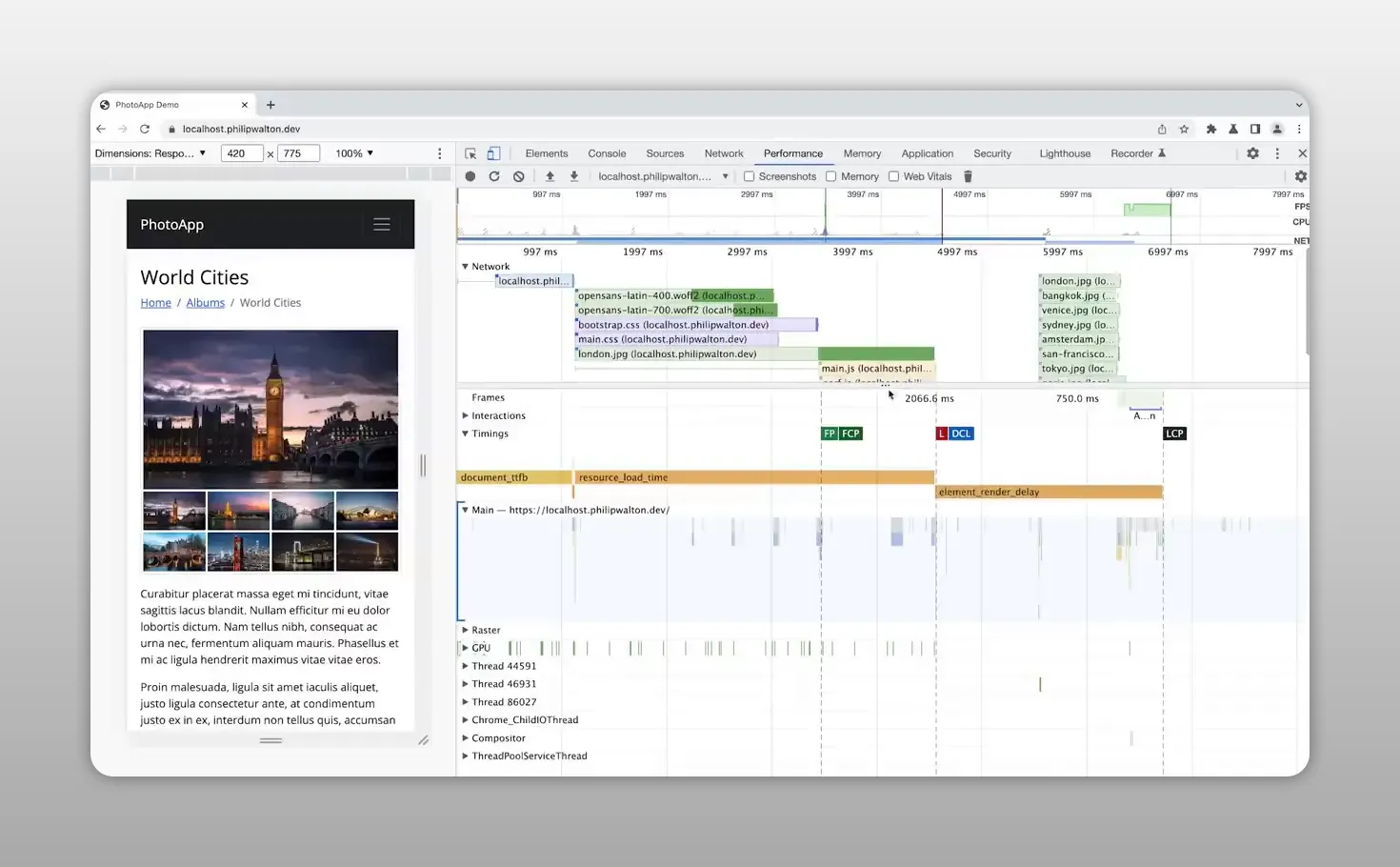 DevTools hiển thị trang mẫu và biểu đồ hiệu năng với các yêu cầu mạng được ưu tiên
