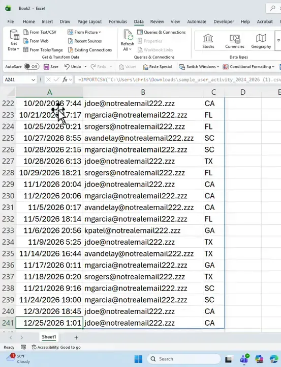 Excel screenshot of a populated sheet with Date, Username and State columns filled across many rows.