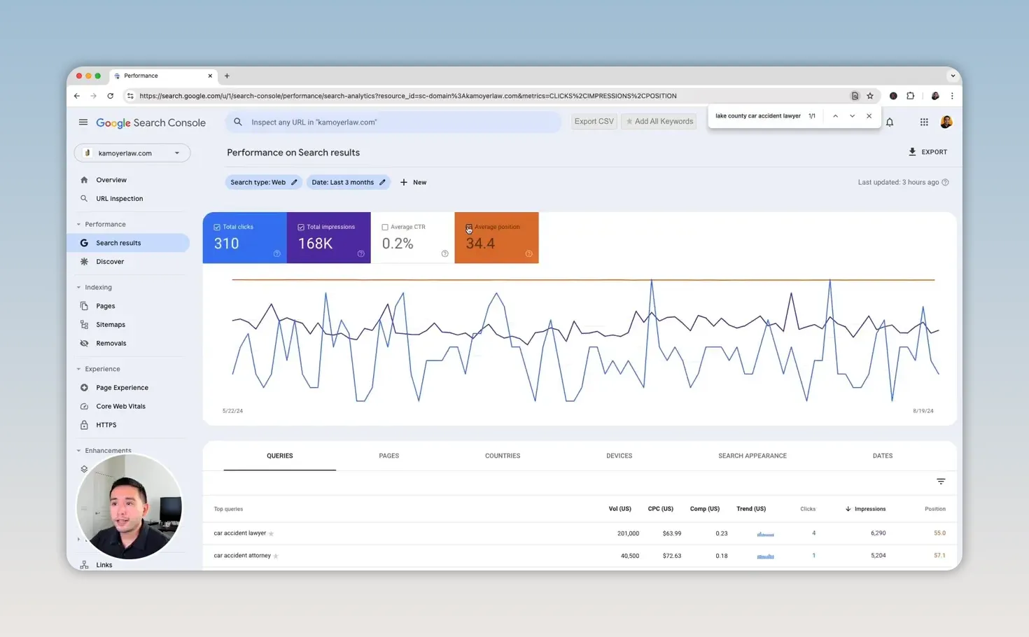Giao diện Google Search Console với biểu đồ hiệu suất và chỉ số vị trí trung bình được bật
