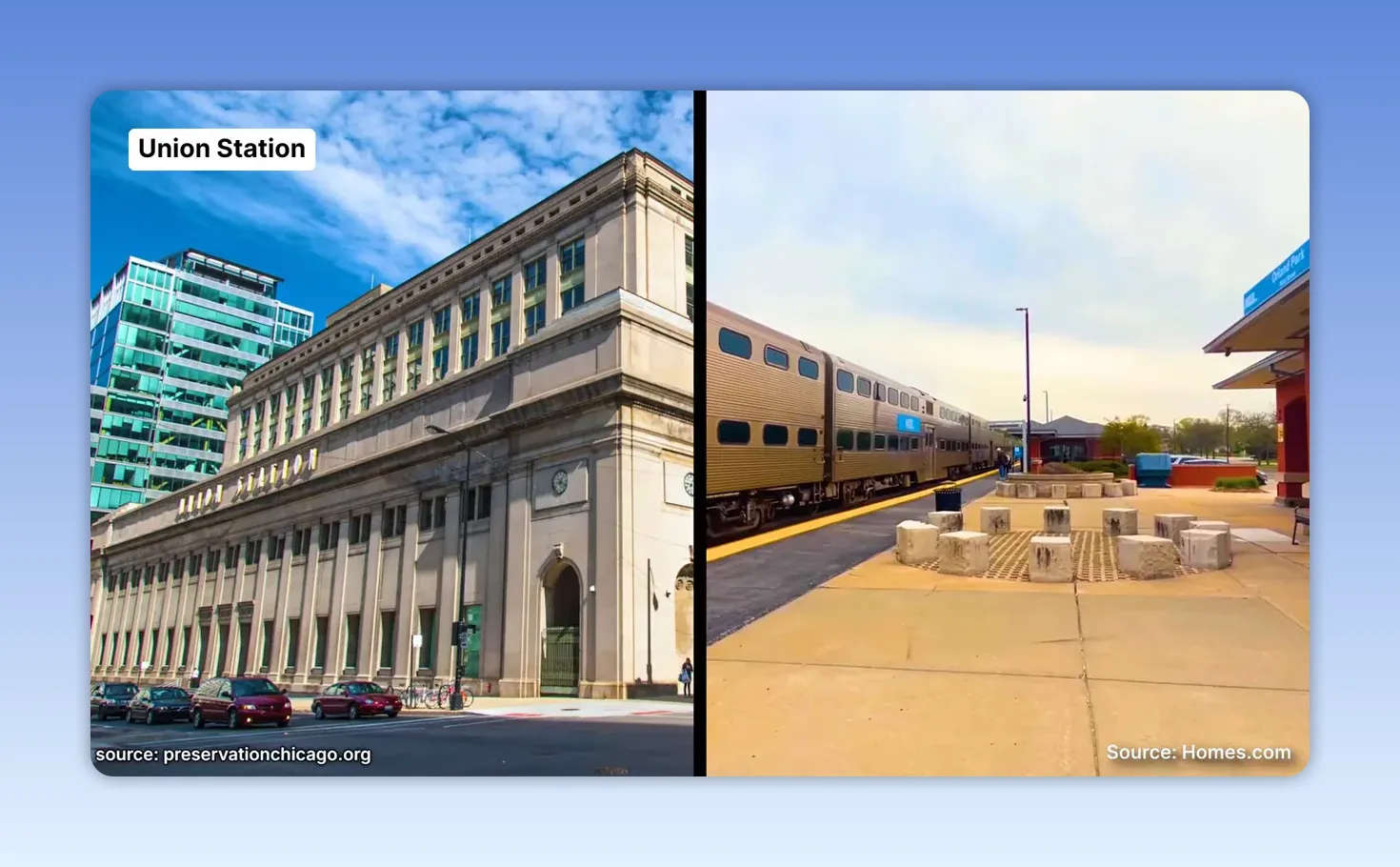 Split image showing Union Station and a Metra train at a suburban platform
