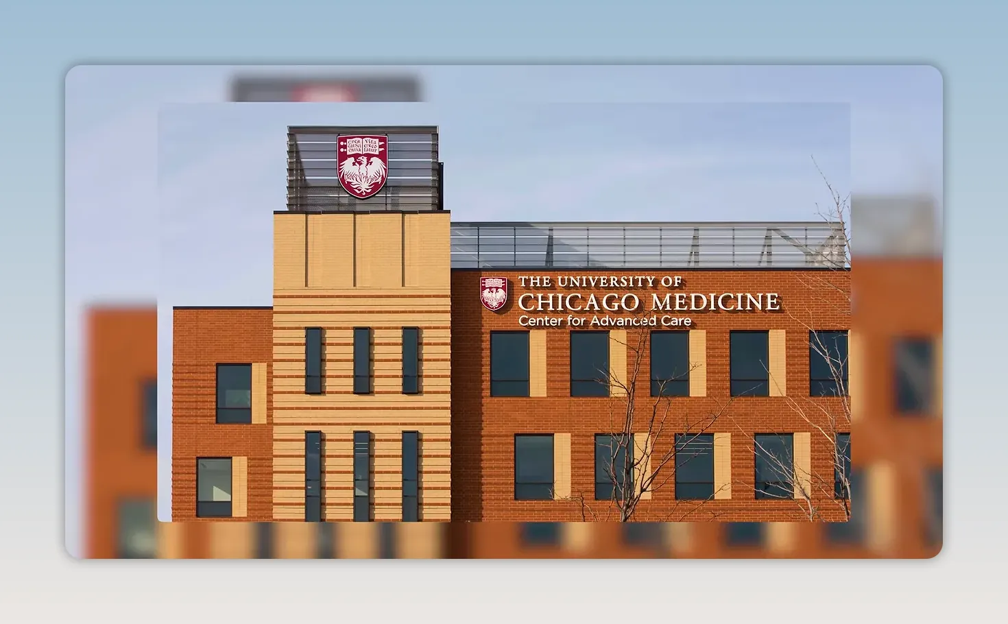 Architectural rendering of a University of Chicago Medicine building with brick exterior and medical signage