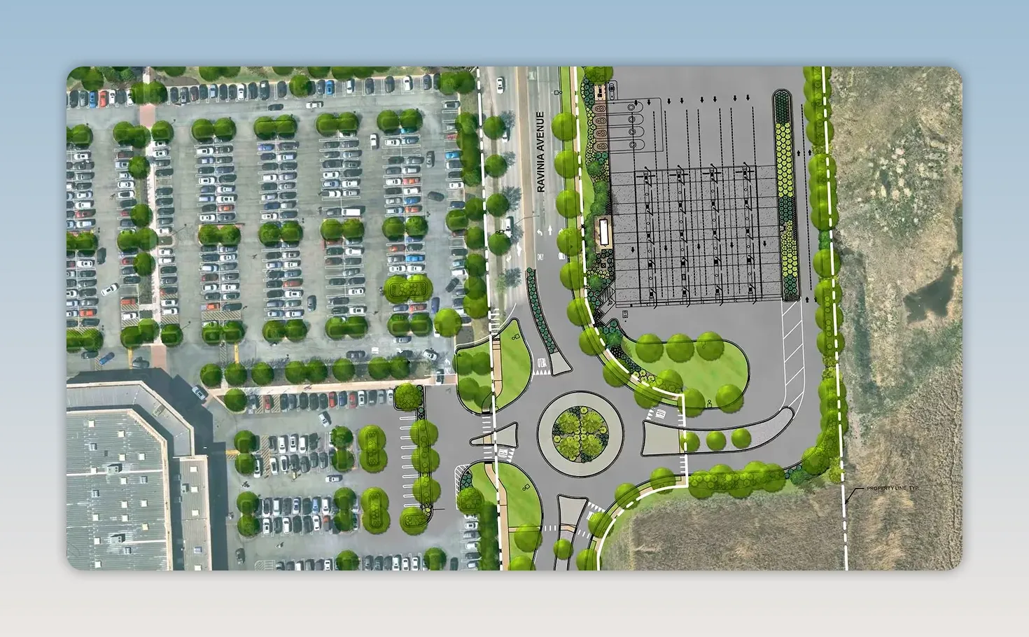 Site plan showing a parking lot, expanded fuel station area, access roads, and roundabout