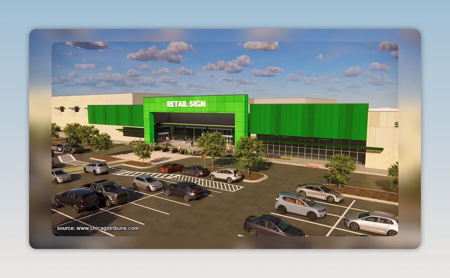 Rendering of a large green-and-white retail building with parking lot and retail sign