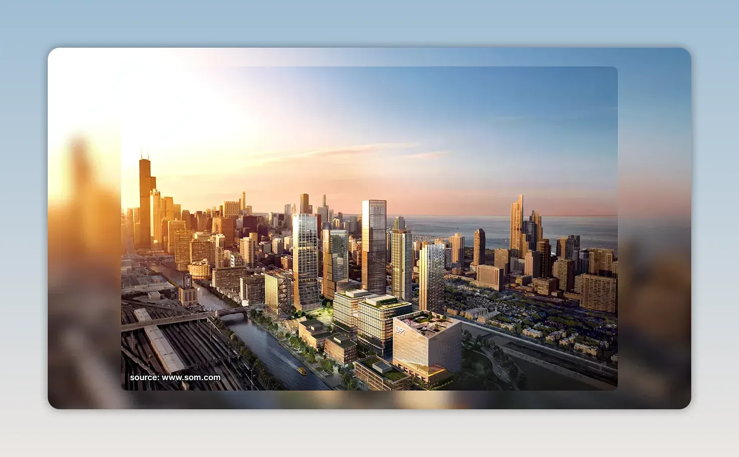 Rendering of a dense mixed-use riverfront development at The 78