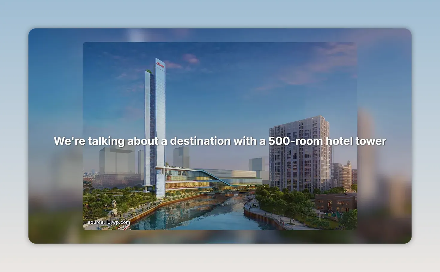 Rendering of Bally's casino complex with a tall hotel tower beside the river