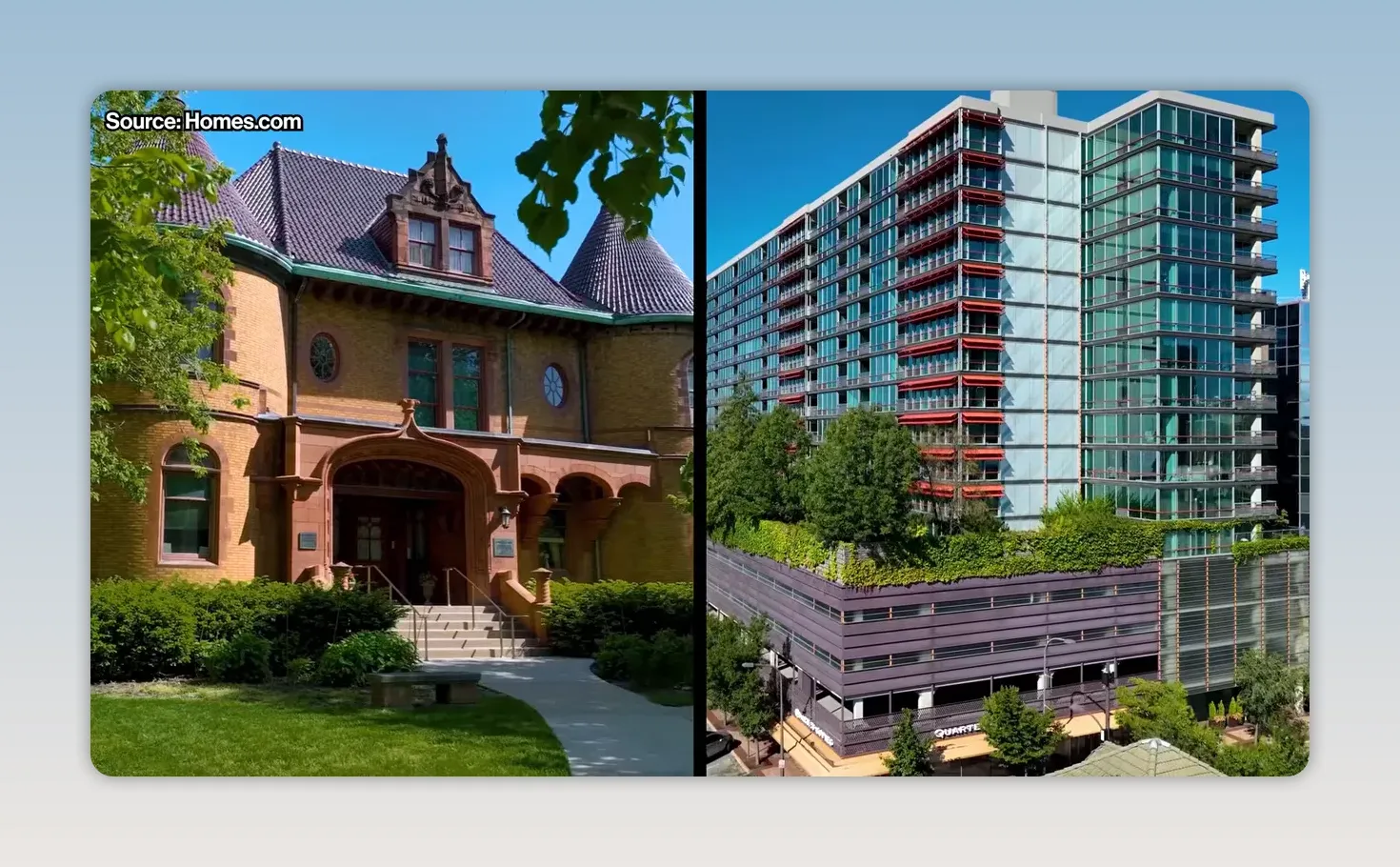Split screen showing a historic Evanston home and a modern condominium building