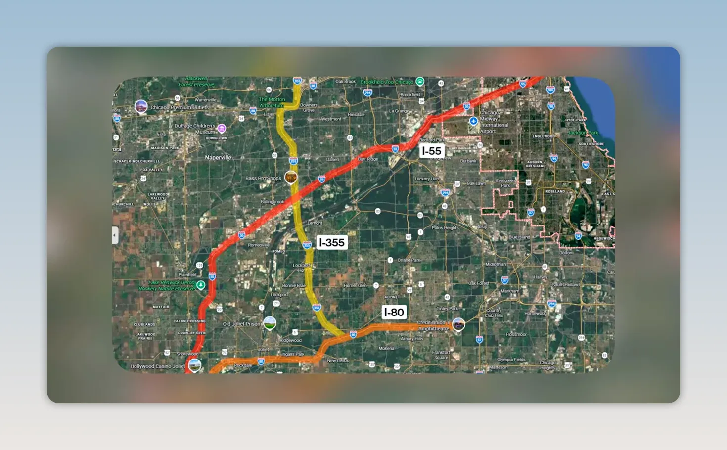 Map of southwest Chicagoland showing the I-55, I-355, and I-80 highway corridors