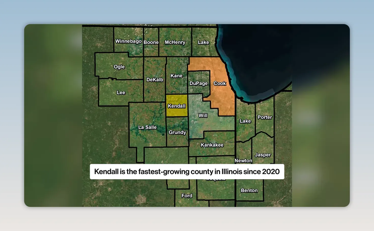 Map of Chicagoland counties highlighting Kendall County with text calling it the fastest-growing county in Illinois since 2020