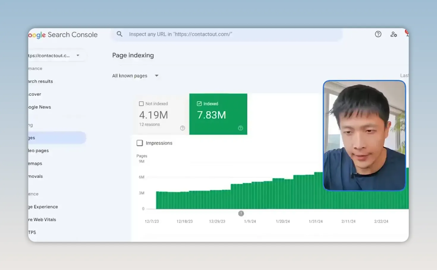 Google Search Console hiển thị báo cáo lập chỉ mục với 7,83 triệu trang đã được lập chỉ mục