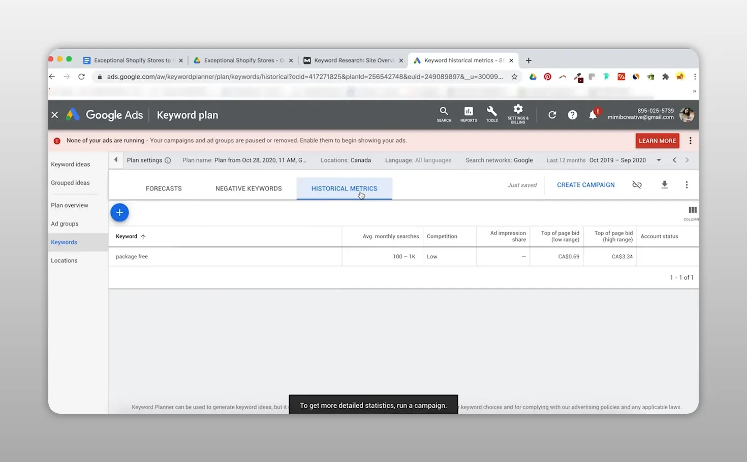 Giao diện Google Keyword Planner hiển thị bảng phân tích từ khóa