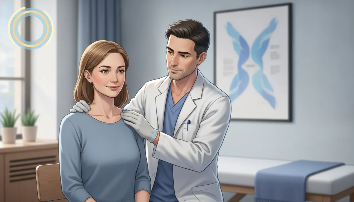 Traffic accident aftercare scene showing a patient receiving orthopedic examination and early treatment support, with abstract timing cues suggesting a delayed first visit