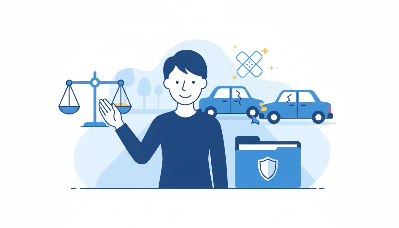 Traffic accident legal fee coverage concept illustration with a balance scale and insurance document near a calm street scene (no text).