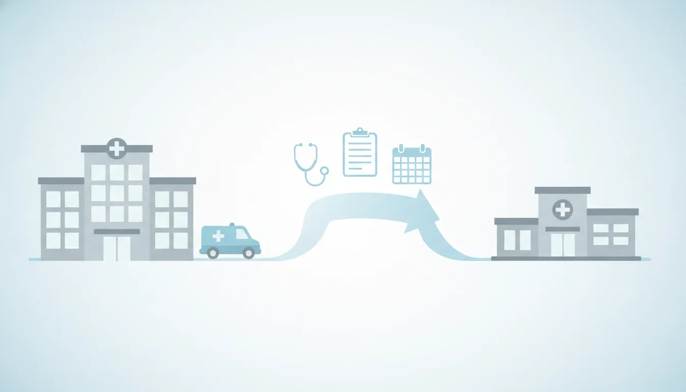 Traffic accident medical treatment transfer illustration showing two healthcare facilities connected by an arrow, with ambulance and medical icons (no text).