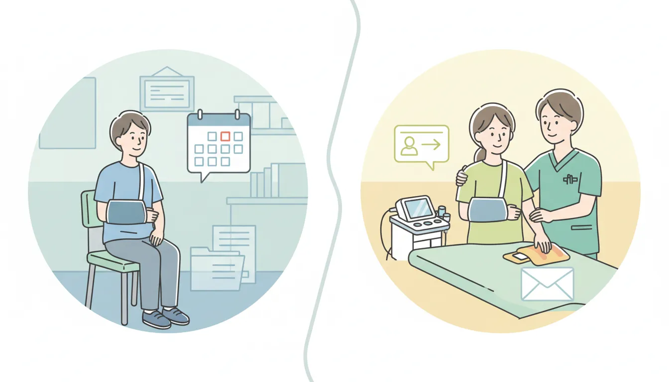 Traffic accident treatment image illustrating the risk of stopping care after a long gap and the importance of continuing visits, shown through a calendar gap concept and clinic follow-up scene.