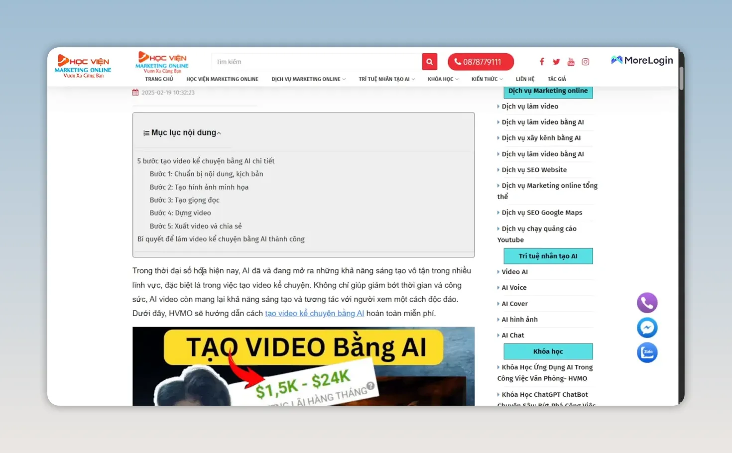 Trang bài viết có tiêu đề, mục lục và hình minh họa về tạo video bằng AI