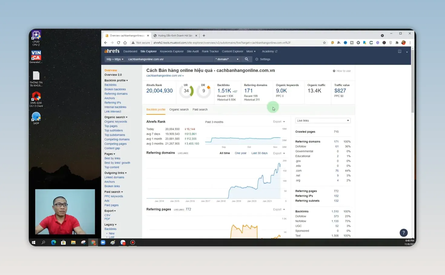 Ahrefs hiển thị số liệu từ khóa tự nhiên và biểu đồ tăng trưởng của website