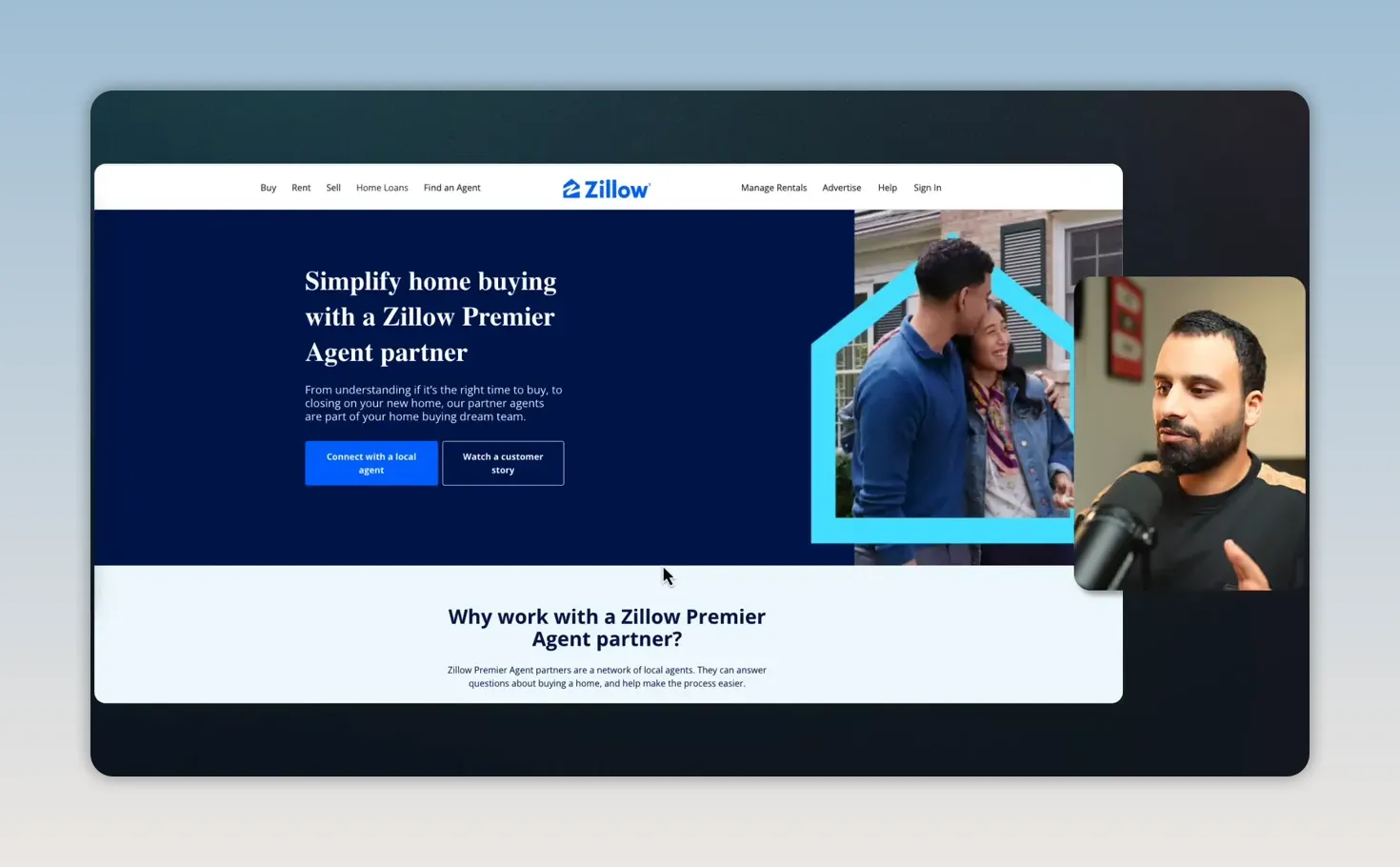 Landing page Zillow với nền xanh đậm, tiêu đề, hình ảnh và hai nút hành động