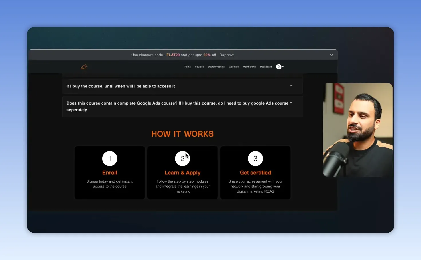 Phần quy trình ba bước trên landing page khóa học với các thẻ đánh số
