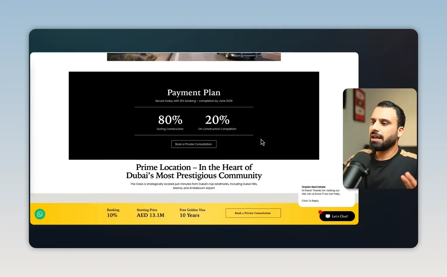 Landing page bất động sản hiển thị khối kế hoạch thanh toán với tỷ lệ 80 và 20 phần trăm