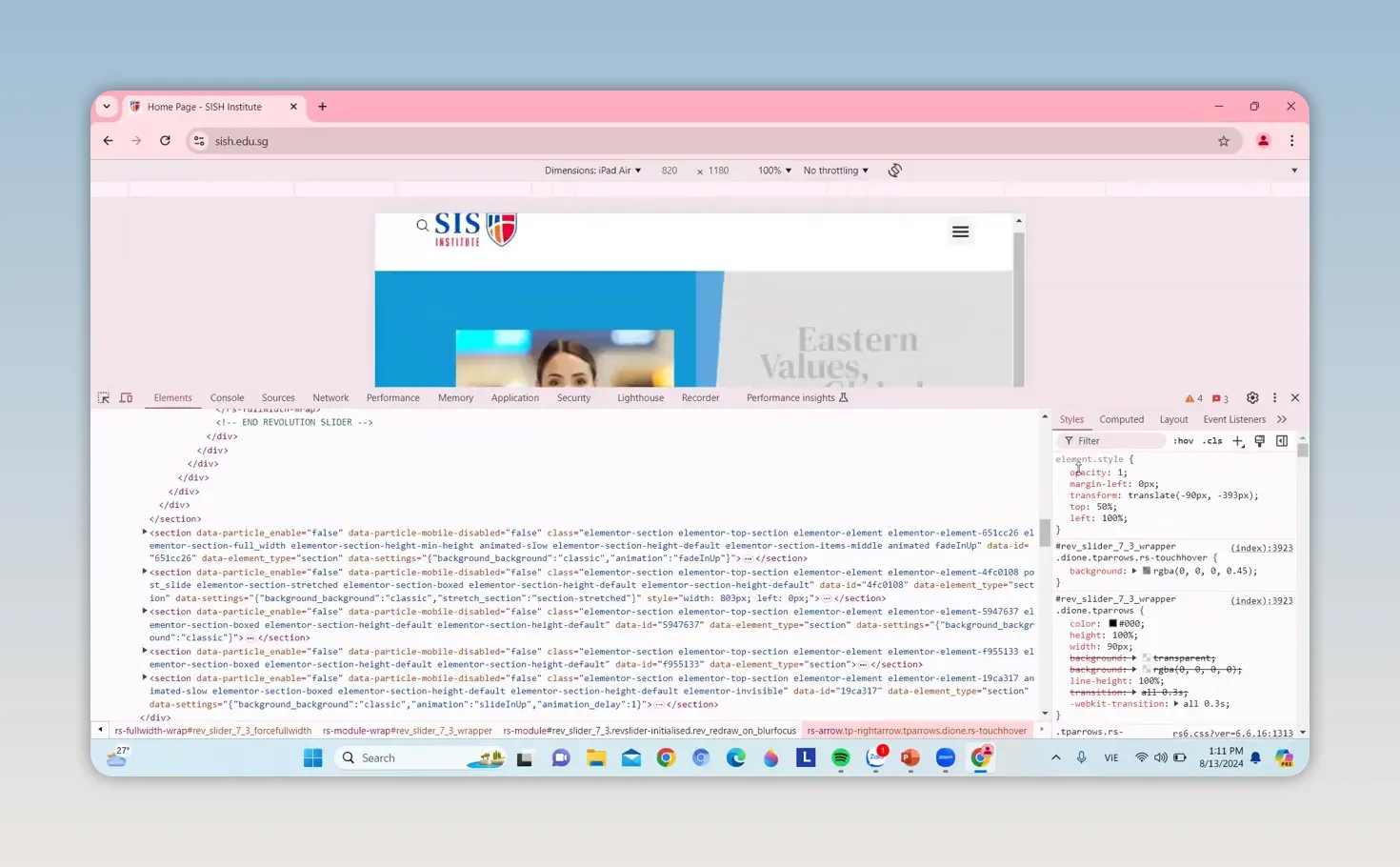 Trang web hiển thị trong chế độ giả lập màn hình nhỏ với công cụ kiểm tra phần tử đang mở