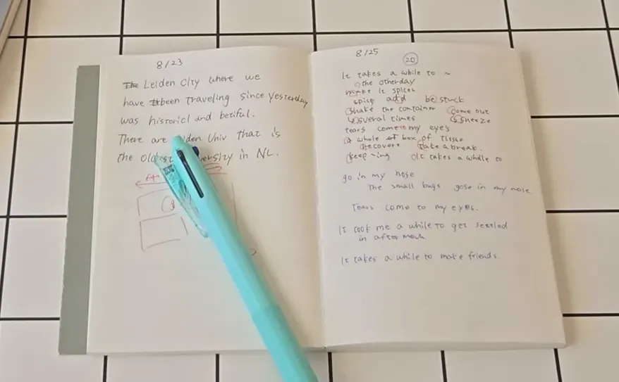 TOEICテキストと小さなノートを手で持ち、横にミントグリーンのペンとペンバンドが置かれている写真