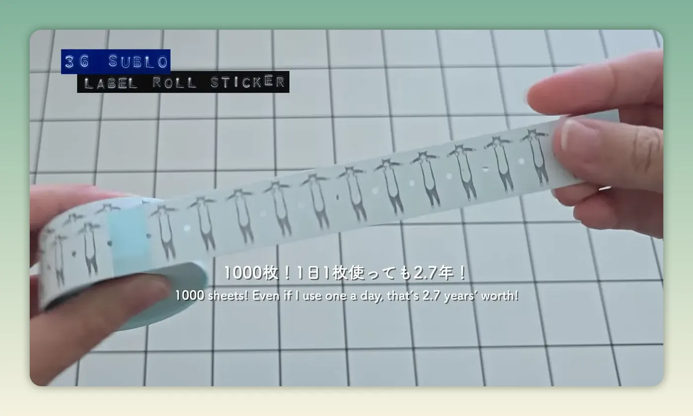 36オリジナル ラベラーロールシールの台紙に並んだネコ柄（1000枚入り）を横方向に伸ばして見せている写真