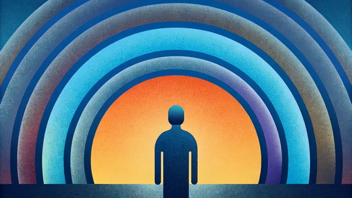 Silhouette debout face &agrave; des cercles concentriques color&eacute;s bleu et orange - reconnexion &agrave; sa v&eacute;ritable nature en th&eacute;rapie spirituelle