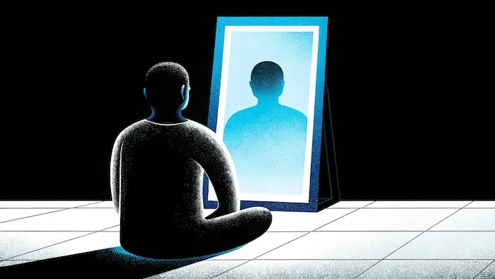 Silhouette assise face &agrave; son reflet lumineux dans un miroir - introspection et reconnexion &agrave; soi en th&eacute;rapie spirituelle