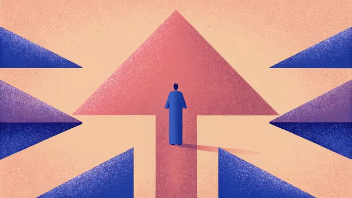 Personnage debout au centre d'une grande fl&egrave;che rose entour&eacute;e de triangles bleus - coaching psycho-spirituel et transformation vers sa v&eacute;ritable nature