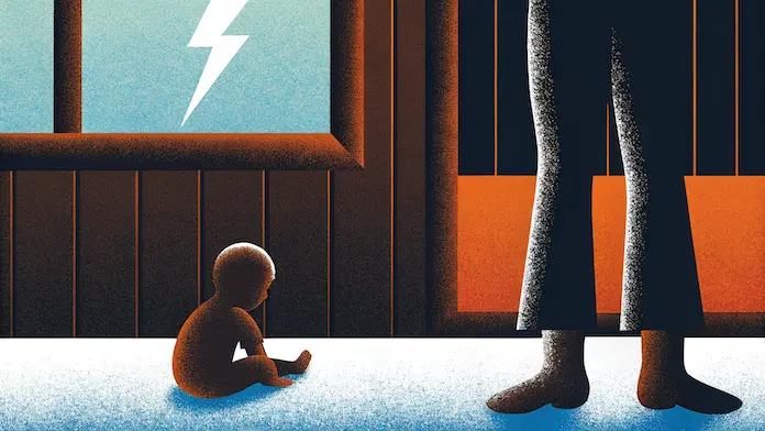Enfant assis seul au sol face aux jambes d'un adulte sous un &eacute;clair - traumatisme de d&eacute;veloppement et blessures d'enfance