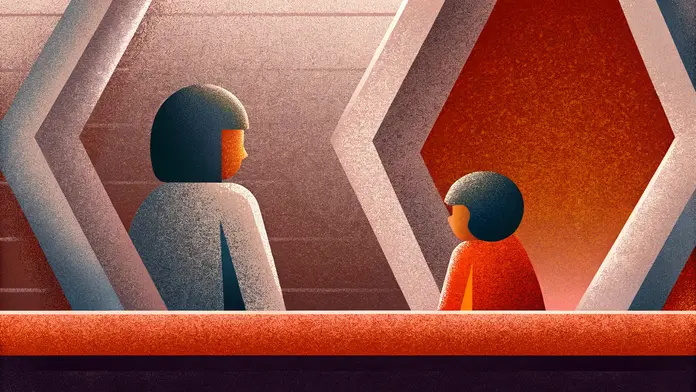 Deux figures abstraites en dialogue silencieux, l'une plus petite repr&eacute;sentant l'enfant int&eacute;rieur, illustrant le travail avec les parts