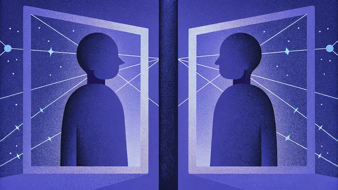 Deux silhouettes abstraites se faisant face, s&eacute;par&eacute;es par une ligne verticale, illustrant la tension entre deux parts int&eacute;rieures oppos&eacute;es