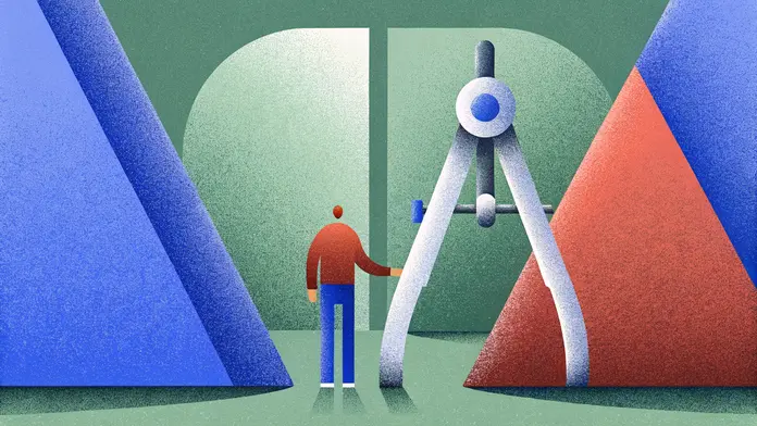 Une figure entre deux identit&eacute;s &mdash; un outil de design d'un c&ocirc;t&eacute;, une main qui guide de l'autre, symbolisant la transition int&eacute;rieure