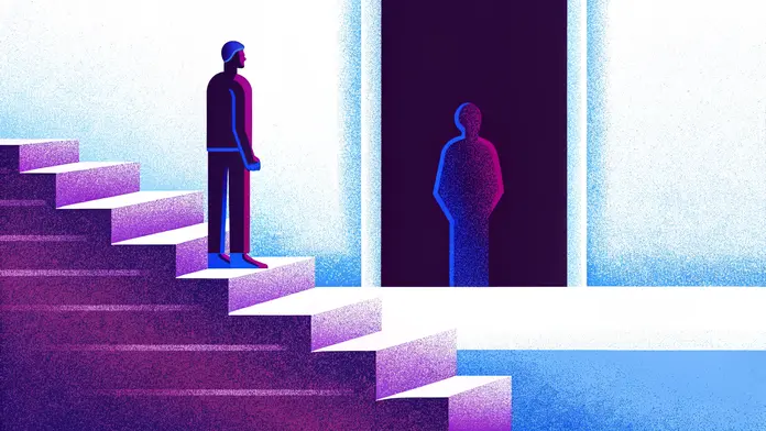Silhouette au sommet d'un escalier face &agrave; une porte ouverte sur l'obscurit&eacute; &mdash; illustration du blocage th&eacute;rapeutique quand le praticien n'a pas explor&eacute; ses propres profondeurs