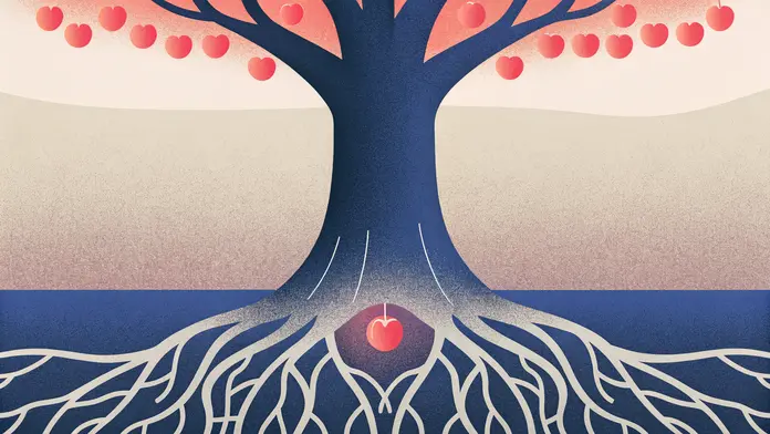 Arbre aux fruits en forme de c&oelig;ur avec une graine lumineuse enfouie dans les racines &mdash; illustration de la m&eacute;taphore graine et fruits pour les croyances d'enfance