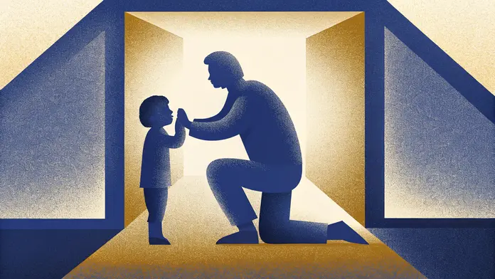 Adulte agenouill&eacute; face &agrave; un enfant, mains jointes dans la lumi&egrave;re d'une porte ouverte &mdash; illustration de la reconnexion avec son enfant int&eacute;rieur et de la gu&eacute;rison par l'amour inconditionnel