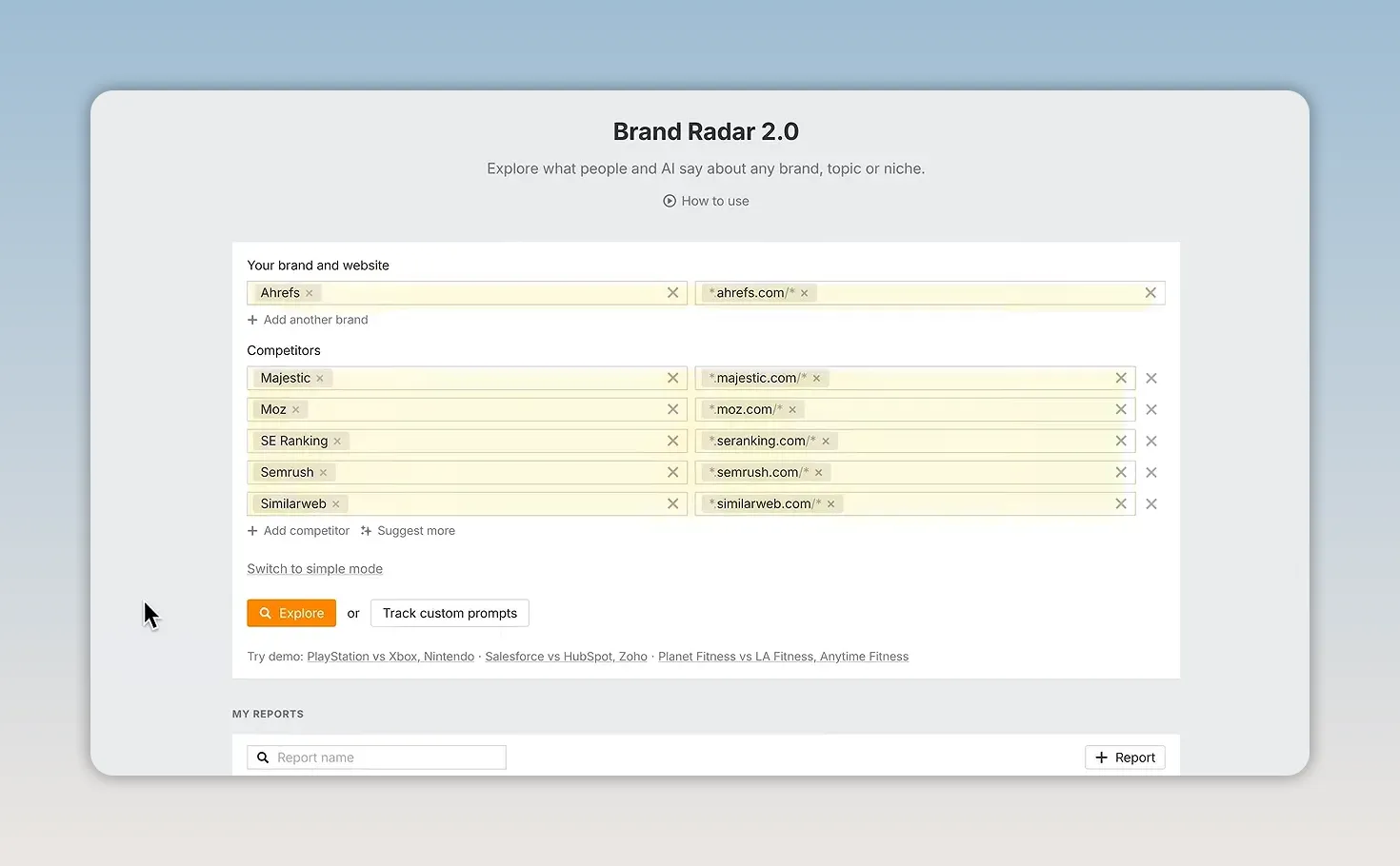 Biểu đồ trong Ahrefs Brand Radar so sánh mức độ hiện diện của nhiều thương hiệu