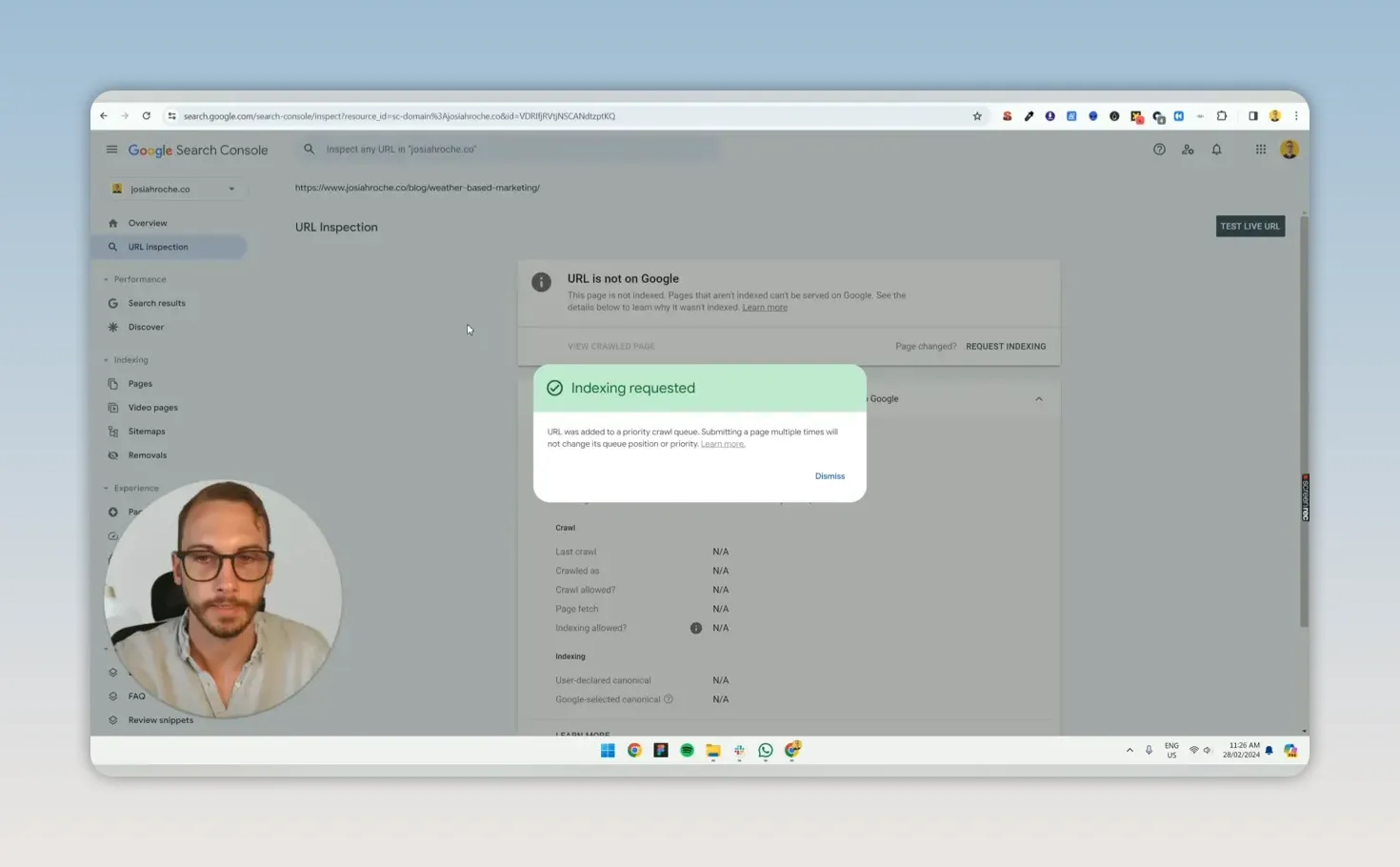 Hộp thoại xanh trong Google Search Console xác nhận yêu cầu lập chỉ mục