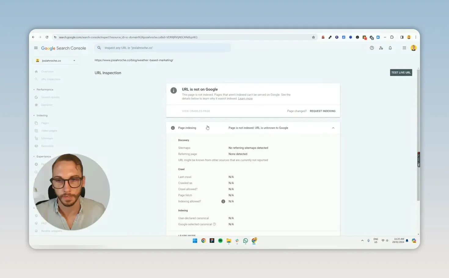 Báo cáo Kiểm tra URL trong Google Search Console cho một bài viết chưa có trên Google