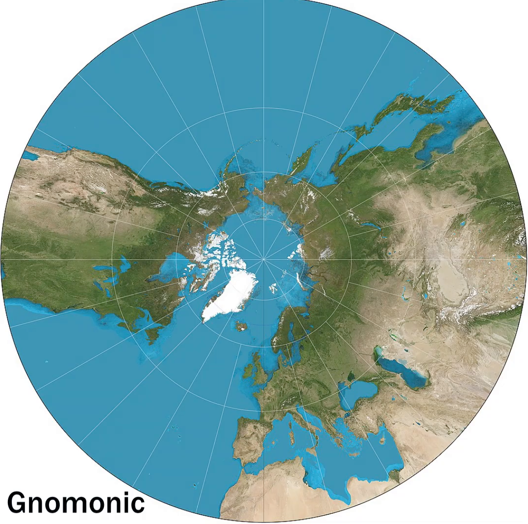 Mnemonic projection showing great circles as straight lines