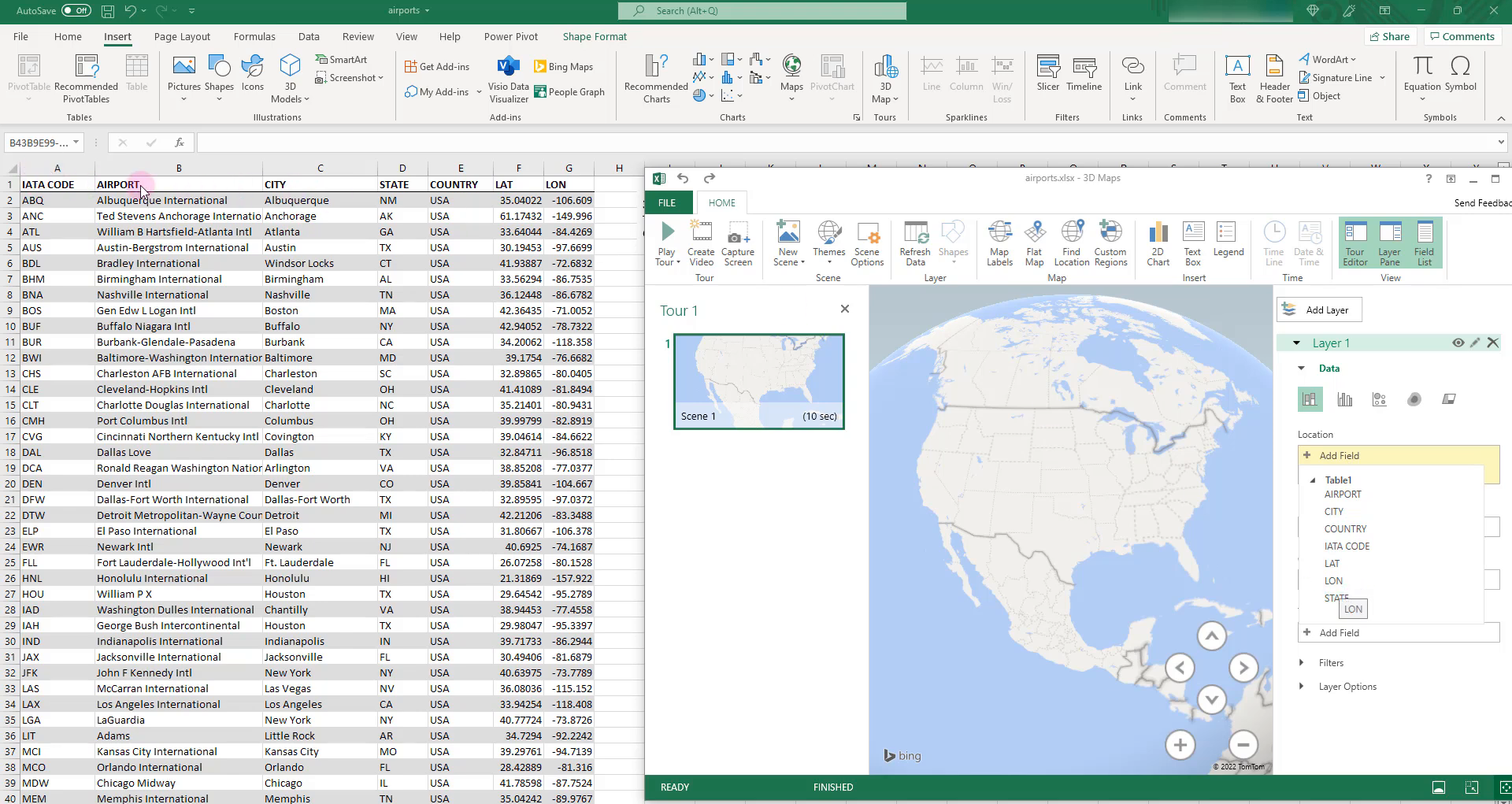 Configuring the Layers panel with Longitude and Latitude