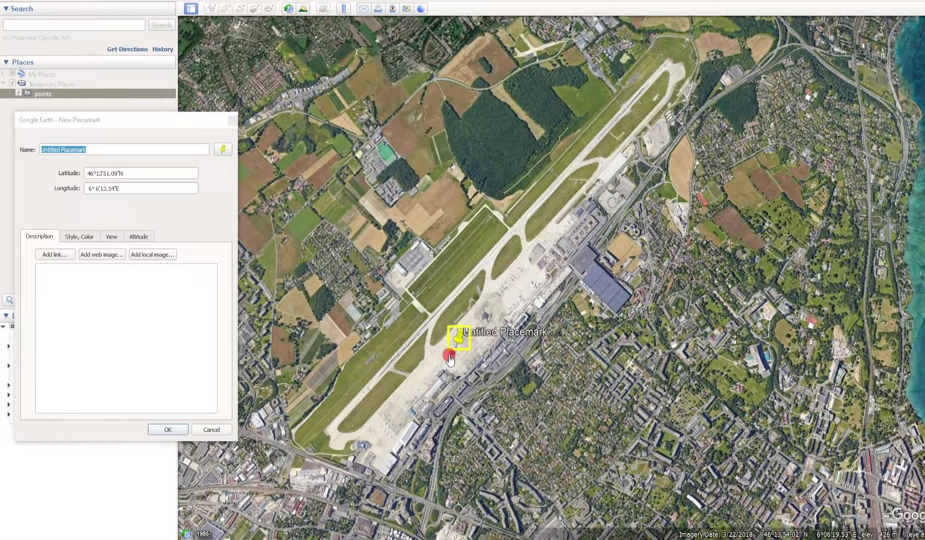 Adding a point in Google Earth Pro