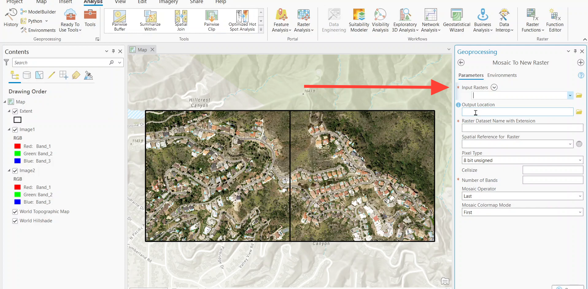 Selecting the Mosaic to New Raster tool